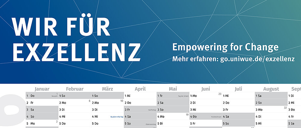 Der Unikalender 2026 machte auf die Bewerbung der JMU um den Titel als Exzellenzuniversität aufmerksam.
