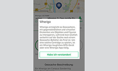 Die "Wherigo"-Einbindung ermöglicht Geocachern, virtuelle Gegenstände aufzunehmen und mit diesen dann weitere Rätsel auf dem Weg zum finalen Cache zu lösen.