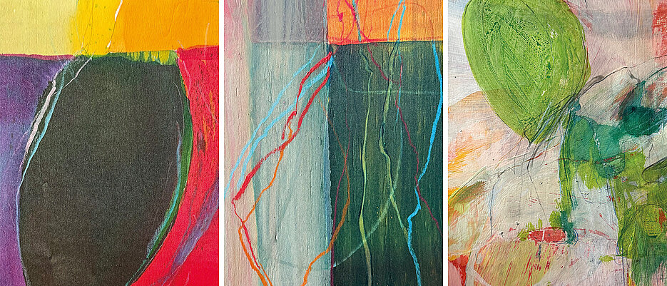 Abstrakte Werke auf Holz und Papier von Wolfgang J. Langmandel – hier Ausschnitte davon – zeigt das Welz-Haus. 