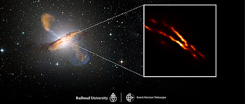 At the centre of Centaurus A is a black hole with the mass of 55 million suns. This is the place where a massive jet is born.