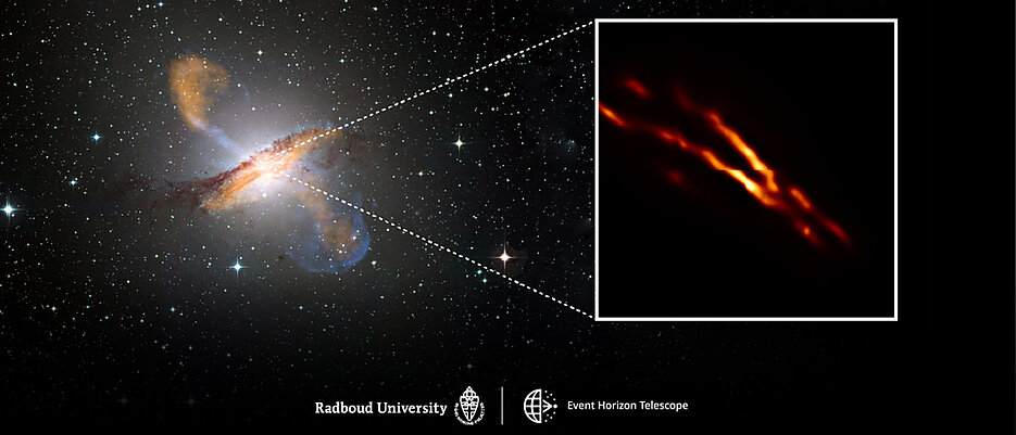 Im Zentrum von Centaurus A befindet sich ein Schwarzes Loch mit der Masse von 55 Millionen Sonnen. Dies ist der Ort, an dem ein gewaltiger Jet geboren wird. 
