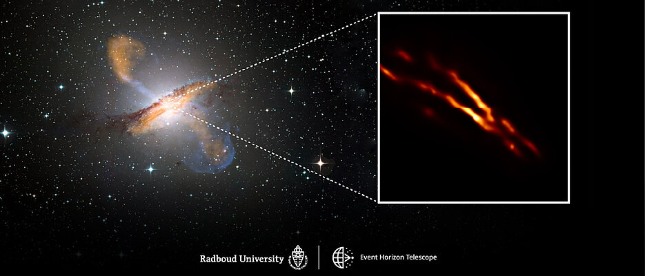 At the centre of Centaurus A is a black hole with the mass of 55 million suns. This is the place where a massive jet is born.