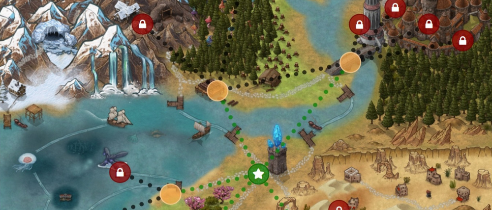 die Landschaft eines Fantasyspiels mit noch geschlossenen Aktionspunkten