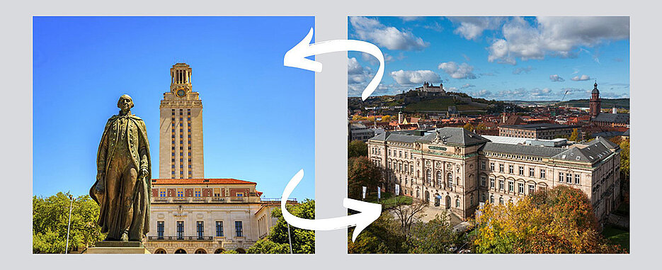 Links: Das Hauptgebäude der University of Texas in Austin. Rechts: Die Neue Universität am Sanderring. Die beiden Einrichtungen verbindet eine langjährige Kooperation.