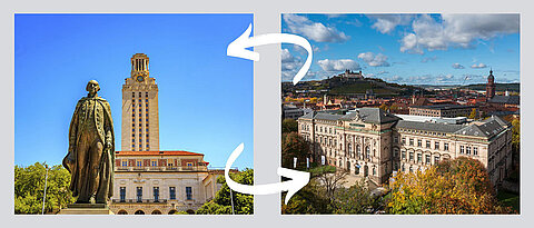Links: Das Hauptgebäude der University of Texas in Austin. Rechts: Die Neue Universität am Sanderring. Die beiden Einrichtungen verbindet eine langjährige Kooperation.