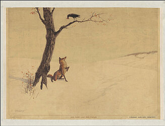 Hier wird die Fabelgeschichte "Der Rabe und der Fuchs" dargestellt. Man sieht den Fuchs am Boden sitzen, während der Rabe mit einem Stück Käse auf dem Baum sitzt. 