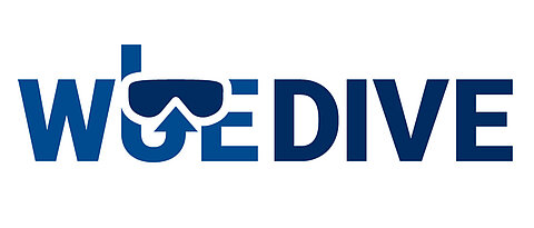 Logo WueDive: blauer Schriftzug, bei dem das "ü" als Taucherbrille gestaltet ist.
