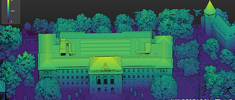 Dieses Bild von der Universität am Sanderring wurde aus Höhendaten erzeugt. Die unterschiedlichen Farben zeigen den Abstand zum Boden an.