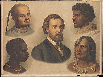 Hier sieht man 5 Menschenrassen (Afrikaner, Asiate, Europäer, Indianer, Ureinwohner)mit fünf Charakterköpfen dargestellt.