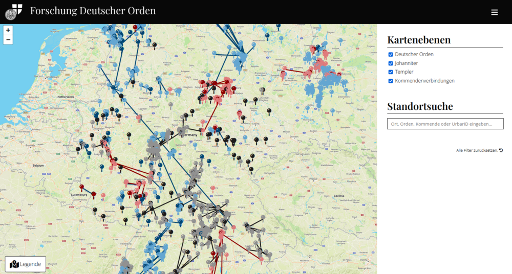 Screenshot der Kartenansicht der Datenbank „Urbar der Geistlichen Ritterorden“. Die schwarz-grauen Stecknadeln verweisen auf Deutschordensbesitzungen, die blauen auf die Johanniter und die roten auf die Templer.