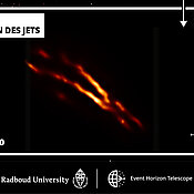 Das neue höchstauflösende Bild der Jet-Startregion, das mit dem EHT mit einem 60 000 000-fachen-Zoom gewonnen wurde. Die Entfernungen sind in Lichtjahren und Lichttagen dargestellt. Ein Lichtjahr entspricht etwa neun Billionen Kilometer. Im Vergleich dazu beträgt die Entfernung zum nächstgelegenen bekannten Stern von unserer Sonne etwa vier Lichtjahre.

