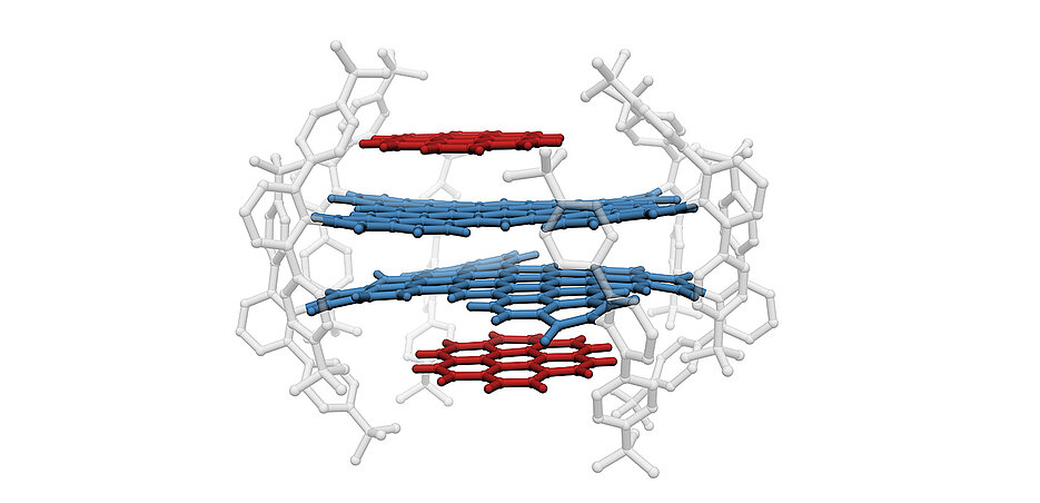 Zwei Nanographene (blau) mit sperrigen Seitenstrukturen (grau) haben je ein PAK (rot) angelagert und sich zu einem Viererstapel formiert. 