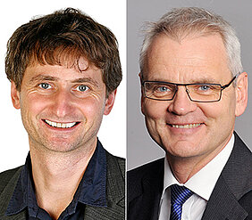 Jörg Vogel (l.), Gründungsdirektor des neuen Helmholtz-Instituts, und Dirk Heinz, wissenschaftlicher Geschäftsführer des Helmholtz-Zentrums für Infektionsforschung. (Fotos: JMU / HZI)