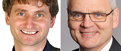Jörg Vogel (l.), Gründungsdirektor des neuen Helmholtz-Instituts, und Dirk Heinz, wissenschaftlicher Geschäftsführer des Helmholtz-Zentrums für Infektionsforschung. (Fotos: JMU / HZI)