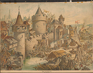 Auf diesem Schulwandbild wird eine Burgbelagerung dargestellt mit zerstörten Mauern, Häusern und Dächern, Belagerungswaffen und viele Ritter auf beiden Seiten, die sich bekämpfen.