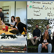 Collage: Bild von Würzburg, Gruppenbild des WueL-App Teams, Szenen des gemeinsamen Arbeitens.