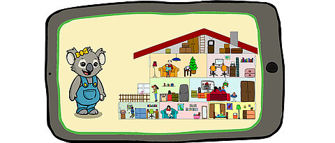 Die Illustration zeigt einen Einblick in die Lernspiele mit Kora Koala. Diese werden bei der Onlinestudie "mediale Zeichenkompetenz im Kindergartenalter" verwendet.