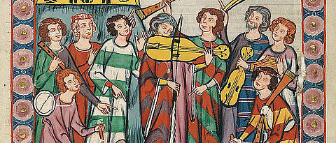Ausschnitt aus dem Codex Manesse: der umfangreichsten und berühmtesten deutschen Liederhandschrift des Mittelalters. Fertiggestellt wurde sie besonders während des 14 Jahrhunderts.