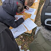 Schüler:innen vergleichen verschiedene Alternativen zum konventionellen Weihnachtsbaum.