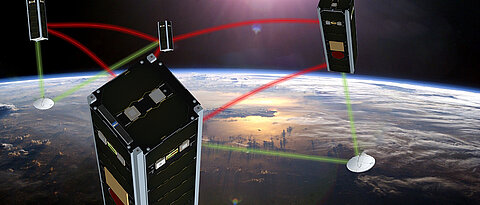 Die vier Nano-Satelliten der NetSat-Formation des ZfT, die seit September 2020 im Orbit Experimente durchführen und auch im ESA_Lab@ZfT genutzt werden.