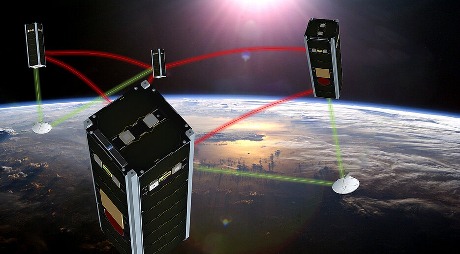Die vier Nano-Satelliten der NetSat-Formation des ZfT, die seit September 2020 im Orbit Experimente durchführen und auch im ESA_Lab@ZfT genutzt werden.