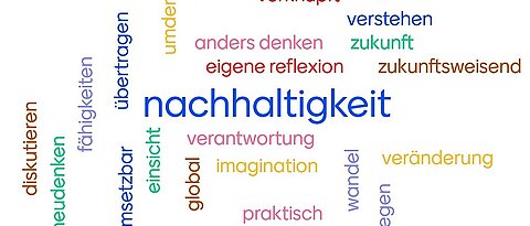 Was macht transformatives Lernen aus? Diese Frage stand im Zentrum des Online-Seminars. Das Bild zeigt einige Assoziationen von Lehrkräften zum Begriff "Transformatives Lernen". Besonders häufig wurde in diesem Zusammenhang "Nachhaltigkeit" genannt.