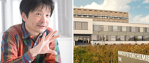 Zusammenschnitt: Dr. Kazunori Sugiyasu und ein Chemiegebäude der Universität Würzburg