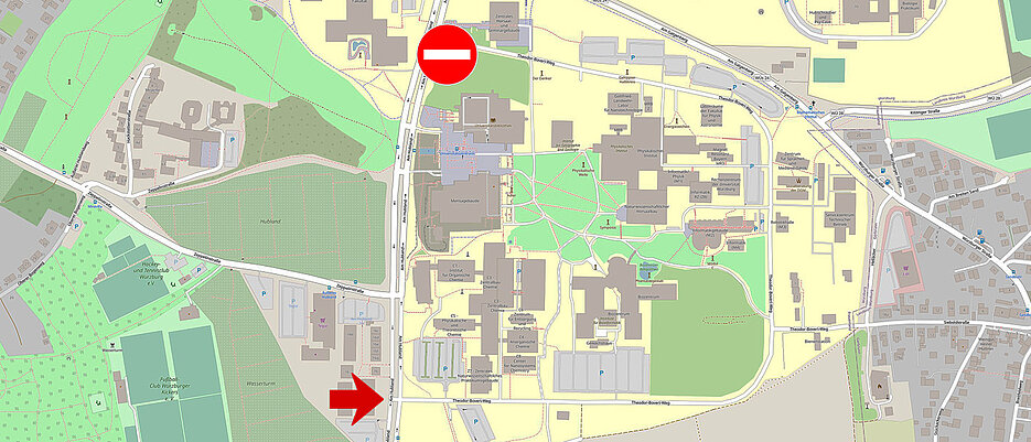 Die Zufahrt zum Hubland-Campus ist in den kommenden Wochen nur im Süden möglich, zwischen Sportzentrum und Chemiezentrum.