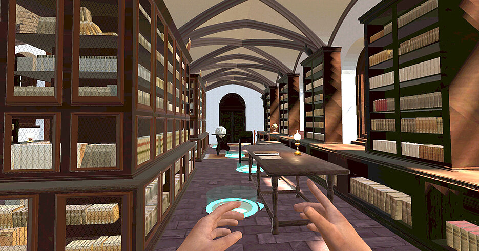 Blick in den mit VR-Technologie modellierten Alten Bibliothekssaal: Die Leuchtkreise markieren die Stellen, an die man sich teleportieren kann.