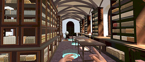 Blick in den mit VR-Technologie modellierten Alten Bibliothekssaal: Die Leuchtkreise markieren die Stellen, an die man sich teleportieren kann.