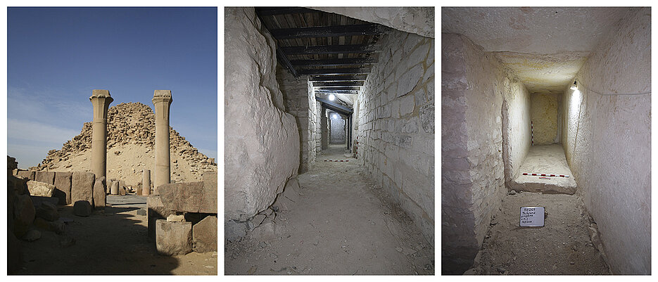 Von links nach rechts: Außenansicht der Pyramide. Ein mit Stahlträgern abgesicherter Gang. Einer der entdeckten Lagerräume. 