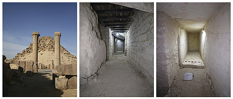 Von links nach rechts: Außenansicht der Pyramide. Ein mit Stahlträgern abgesicherter Gang. Einer der entdeckten Lagerräume. 