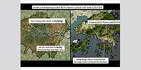 Die vom DLR nachbearbeiteten Satellitenaufnahmen von London und Hongkong zeigen beispielhaft Twitterdaten aus den beiden Städten, die lokal relevant sind und sich auf Corona beziehen. (Bild: DLR)