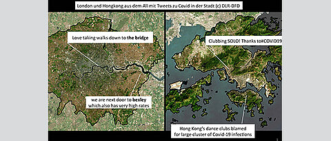 Die vom DLR nachbearbeiteten Satellitenaufnahmen von London und Hongkong zeigen beispielhaft Twitterdaten aus den beiden Städten, die lokal relevant sind und sich auf Corona beziehen. (Bild: DLR)