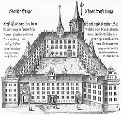 Alte Universität mit Neubaukirche, (Nordflügel vorne, Karzer gekennzeichnet), Johann Leypolt, Kupferstich, 1591. (WUB )