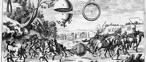 Das berühmte Experiment Otto von Guerickes mit den Magdeburger Halbkugeln wie es Kaspar Schott in seinem Buch „Technica curiosa“ dargestellt hat. (Repro Universitätsbibliothek)