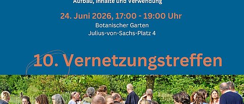 Einladungsschreiben Vernetzungstreffen; Menschen stehen in Gruppen und unterhalten sich.