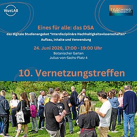 Einladungsschreiben Vernetzungstreffen; Menschen stehen in Gruppen und unterhalten sich.