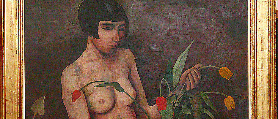 Im originalen Rahmen: Karl Hofers "Junge Frau mit Tulpenvase" von 1924/25, die neueste Neuerwerbung der Gemäldegalerie des Martin von Wagner Museums (Ausschnitt)