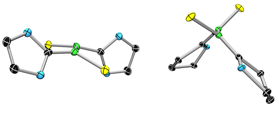 Molekülmodell: Eine gewöhnliche Bor-Bor-Doppelbindung (links) und ihre biradikalen Verwandte, die extrem stabil ist. (Grafik: Dr. Rian Dewhurst)