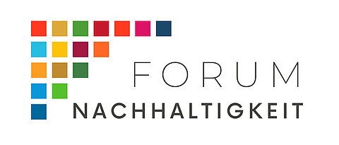 Logo des "Forum Nachhaltigkeit, viele bunte Quadrate bilden ein großes f