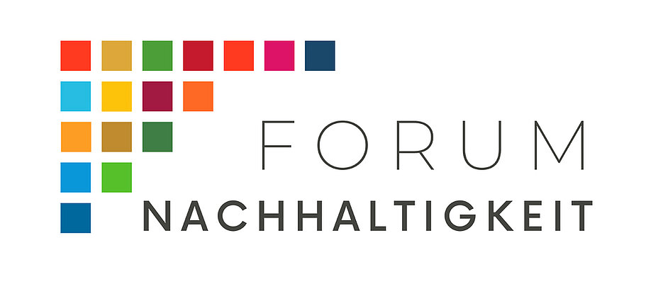 Logo des "Forum Nachhaltigkeit, viele bunte Quadrate bilden ein großes f