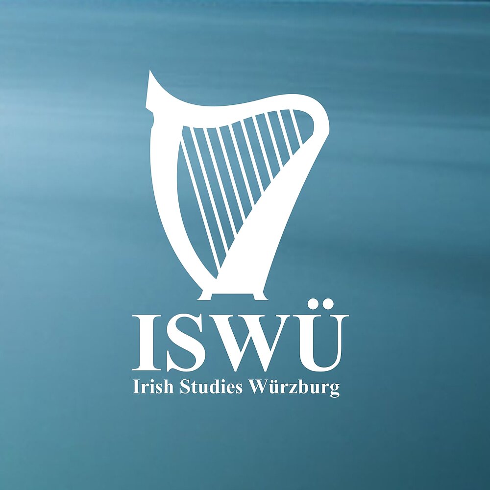 Logo der Irish Studies Würzburg: weiße Harfe mit Schriftzug ISWÜ vor türkisem Hintergrund