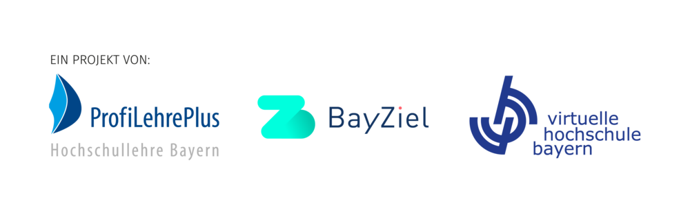 Logo von den Partnern; links ProfiLehrePlus, mittig BayZiel und rechts virtuelle Hochschule Bayern.