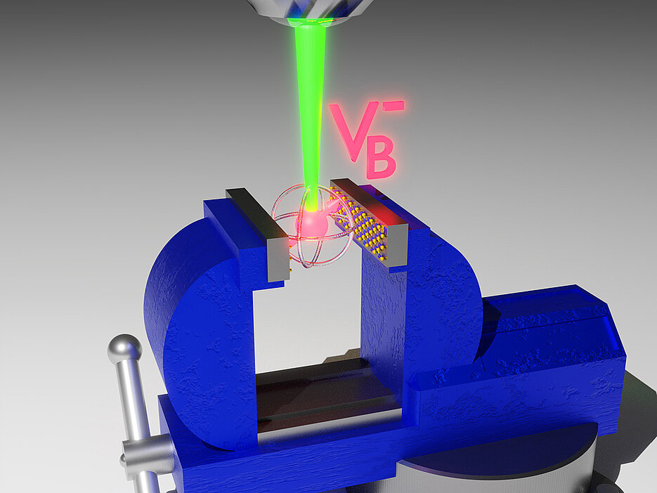 Illustration of an optically excited qubit under pressure.