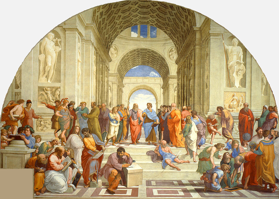 Die Schule von Athen, Raffael, 1510 bis 1511 Fresko, Stanza della Segnatura des Vatikans, Rom. Bild: Wikipedia