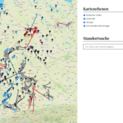 Der Screenshot zeigt die Kartenfunktion der Datenbank "Urbar der geistlichen Ritterorden". In drei Farben werden Kommenden und Besitzungen der Templer, Joahnniter und des Deutschen Ordens markiert.