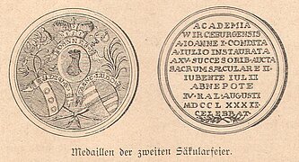 Medaille der zweiten Säkularfeier 1782. (Alma Julia. Illustrierte Chronik ihrer dritten Säkularfeier)
