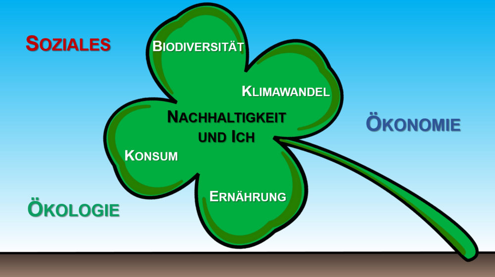 Die Grafik zeigt die aktuellen Themenschwerpunkte des LLG im Bereich BNE (Biodiversität, Klimawandel, Konsum und Ernährung) vor dem Hintergrund der Nachhaltigkeitsdimensionen (Ökologie, Ökonomie und Soziales).