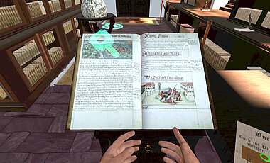 Im virtuellen Rundgang kann man sich von Regal zu Regal teleportieren und in kostbaren Handschriften blättern.